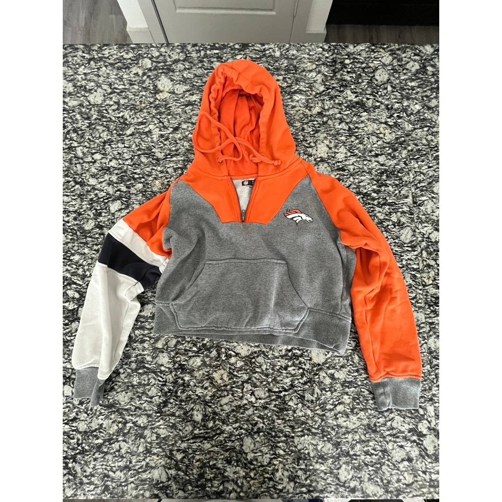 NFL Denver Broncos Cropped Hoodie Orange Grey Quarter Zip Sweatshirt Small